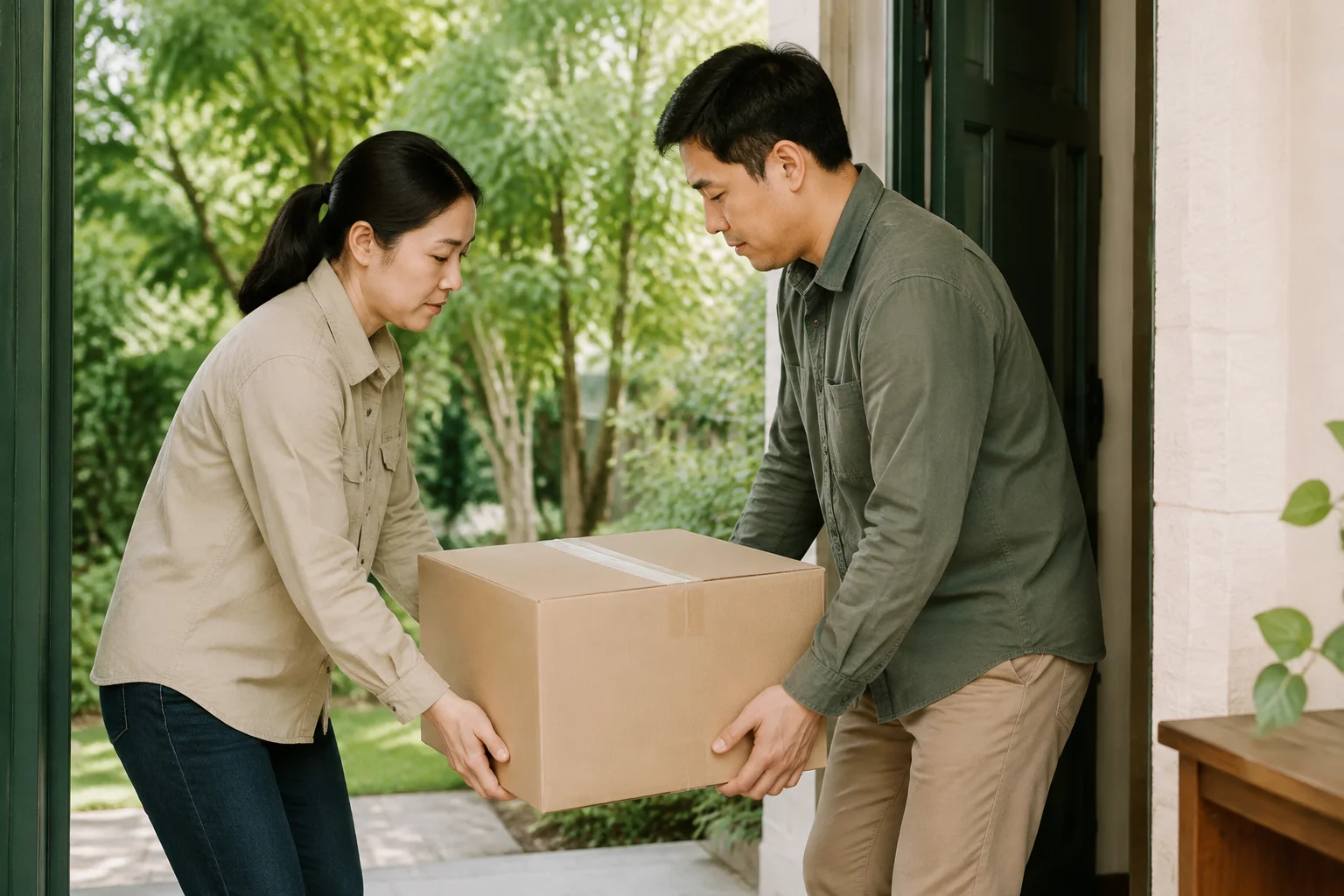 用力啊语境示例：两名成年人在门边共同搬一只纸箱（AI生成，非真实事件或操作教学）